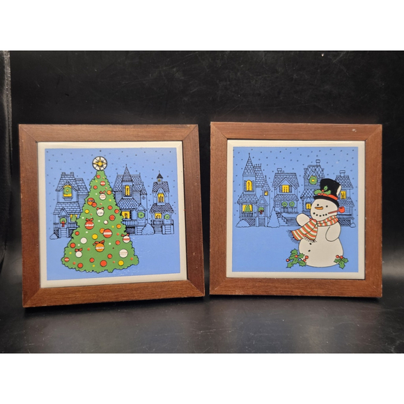 Trivets 2 Jasco Christmas Tree & Snowman Tile Wood Framed 5.25 Inch Square Vtg - Picture 4 of 12